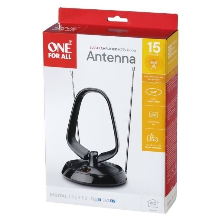 Antenne d'intérieur amplifiée - ONE FOR ALL - Avec portée de réception de 15 km - Excellente réception TNT - Filtre 3G/4G/5