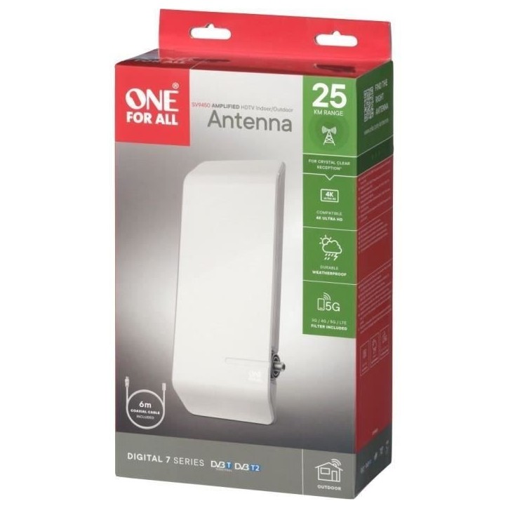 Antenne TV Extérieure amplifiée full HD ONE FOR ALL , filtre 5G, plastique haute qualité Antenne TV Extérieure amplifiée full HD ONE FOR ALL , filtre 5G, plastique haute qualité
