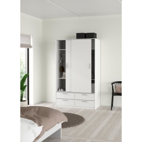 Armoire - Blanc mat - 2 portes coulissantes - 4 tiroirs - L121,2 x P60,25 x H200 cm - ONTARIO