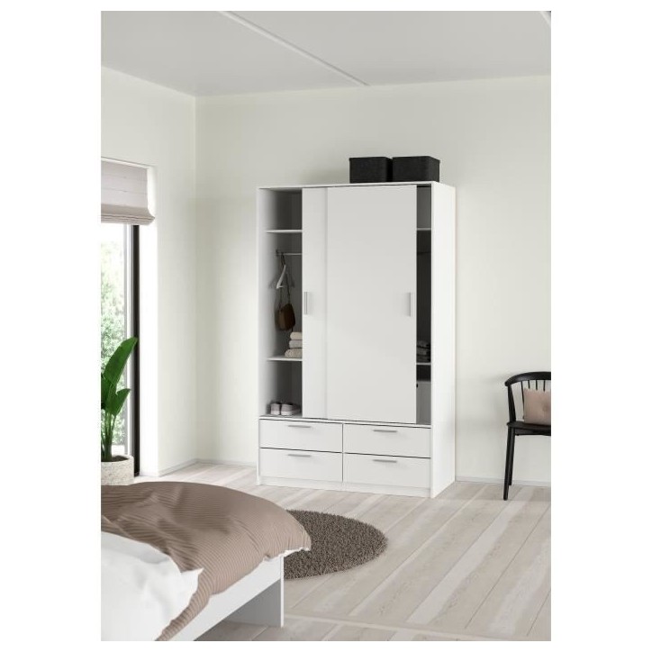 Armoire - Blanc mat - 2 portes coulissantes - 4 tiroirs - L121,2 x P60,25 x H200 cm - ONTARIO Armoire - Blanc mat - 2 portes coulissantes - 4 tiroirs - L121,2 x P60,25 x H200 cm - ONTARIO