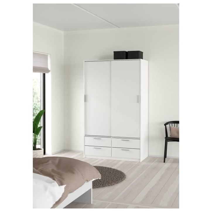 Armoire - Blanc mat - 2 portes coulissantes - 4 tiroirs - L121,2 x P60,25 x H200 cm - ONTARIO Armoire - Blanc mat - 2 portes coulissantes - 4 tiroirs - L121,2 x P60,25 x H200 cm - ONTARIO