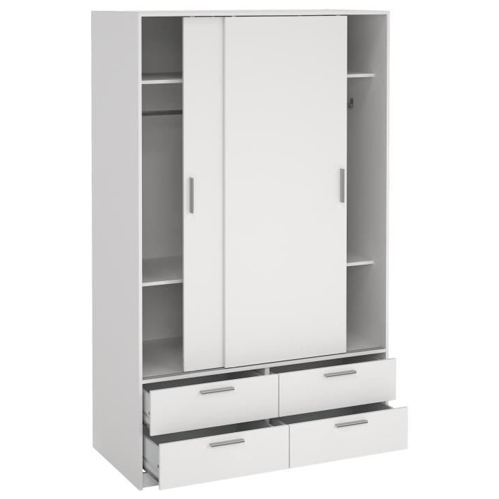 Armoire - Blanc mat - 2 portes coulissantes - 4 tiroirs - L121,2 x P60,25 x H200 cm - ONTARIO Armoire - Blanc mat - 2 portes coulissantes - 4 tiroirs - L121,2 x P60,25 x H200 cm - ONTARIO