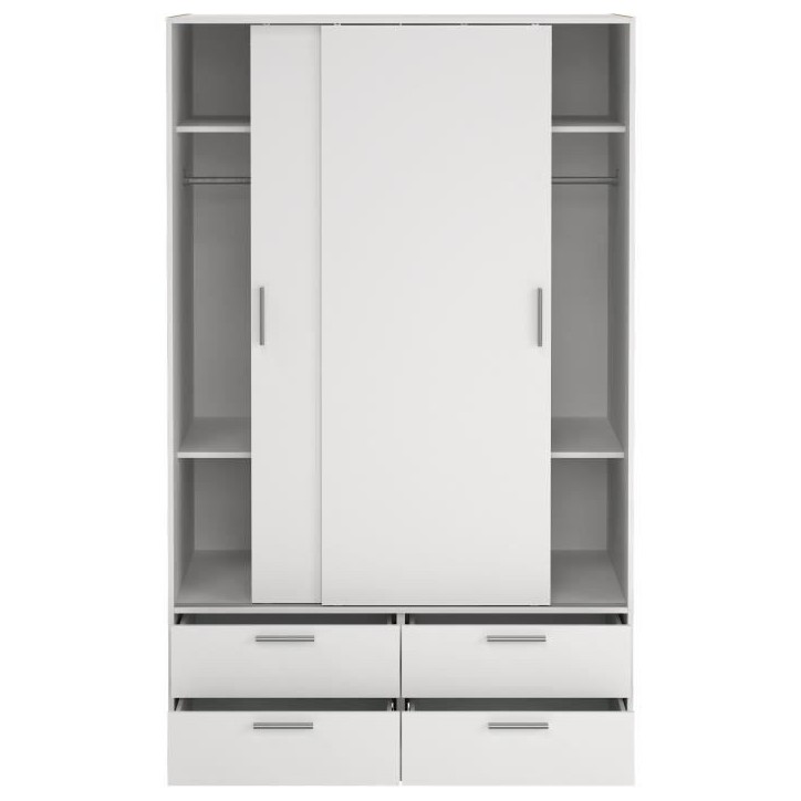 Armoire - Blanc mat - 2 portes coulissantes - 4 tiroirs - L121,2 x P60,25 x H200 cm - ONTARIO Armoire - Blanc mat - 2 portes coulissantes - 4 tiroirs - L121,2 x P60,25 x H200 cm - ONTARIO