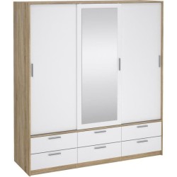 Armoire - Décor Blanc et chene + miroir - 3 portes coulissantes - 6 t