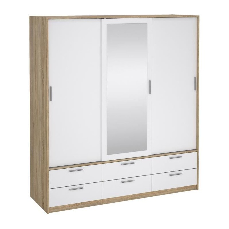 Armoire - Décor Blanc et chene + miroir - 3 portes coulissantes - 6 t Armoire - Décor Blanc et chene + miroir - 3 portes coulissantes - 6 t