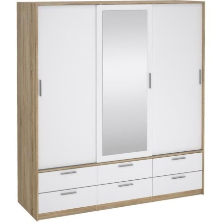 Armoire - Décor Blanc et chene + miroir - 3 portes coulissantes - 6 t