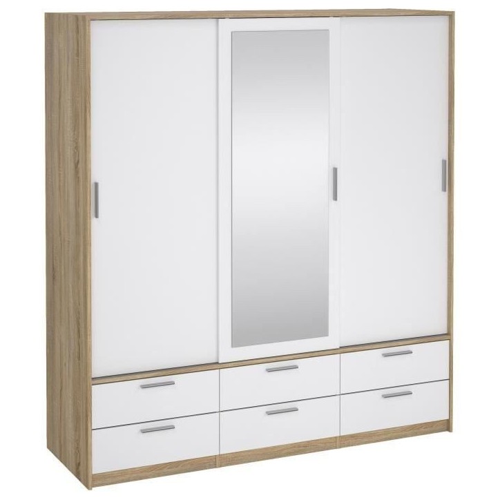 Armoire - Décor Blanc et chene + miroir - 3 portes coulissantes - 6 tiroirs - L181,4 x P60,25 x H200 cm - ONTARIO