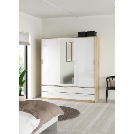 Armoire - Décor Blanc et chene + miroir - 3 portes coulissantes - 6 tiroirs - L181,4 x P60,25 x H200 cm - ONTARIO