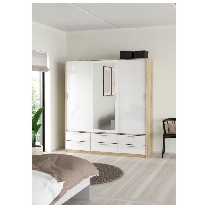 Armoire - Décor Blanc et chene + miroir - 3 portes coulissantes - 6 tiroirs - L181,4 x P60,25 x H200 cm - ONTARIO