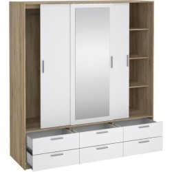 Armoire - Décor Blanc et chene + miroir - 3 portes coulissantes - 6 t