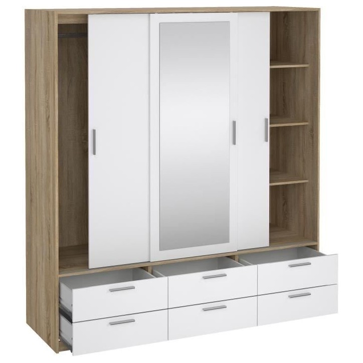 Armoire - Décor Blanc et chene + miroir - 3 portes coulissantes - 6 tiroirs - L181,4 x P60,25 x H200 cm - ONTARIO