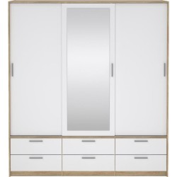 Armoire - Décor Blanc et chene + miroir - 3 portes coulissantes - 6 t