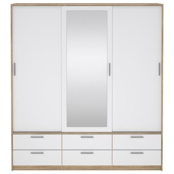 Armoire - Décor Blanc et chene + miroir - 3 portes coulissantes - 6 tiroirs - L181,4 x P60,25 x H200 cm - ONTARIO