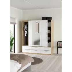 Armoire - Décor Blanc et chene + miroir - 3 portes coulissantes - 6 t