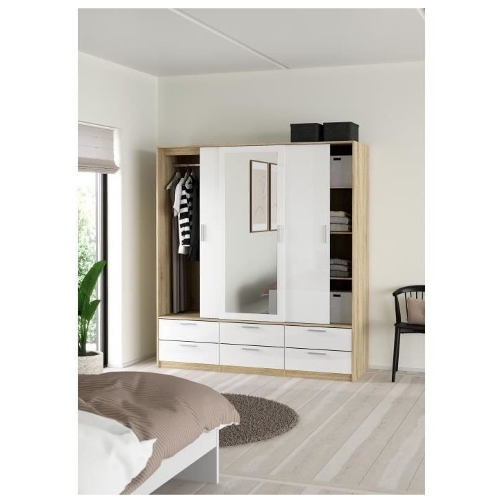 Armoire - Décor Blanc et chene + miroir - 3 portes coulissantes - 6 tiroirs - L181,4 x P60,25 x H200 cm - ONTARIO