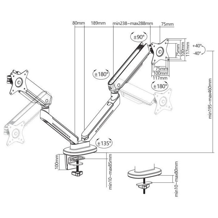 Bras articulés double - OPLITE - MT10 - Noir - Ergonomique - Réglable - Compatible VESA Bras articulés double - OPLITE - MT10 - Noir - Ergonomique - Réglable - Compatible VESA