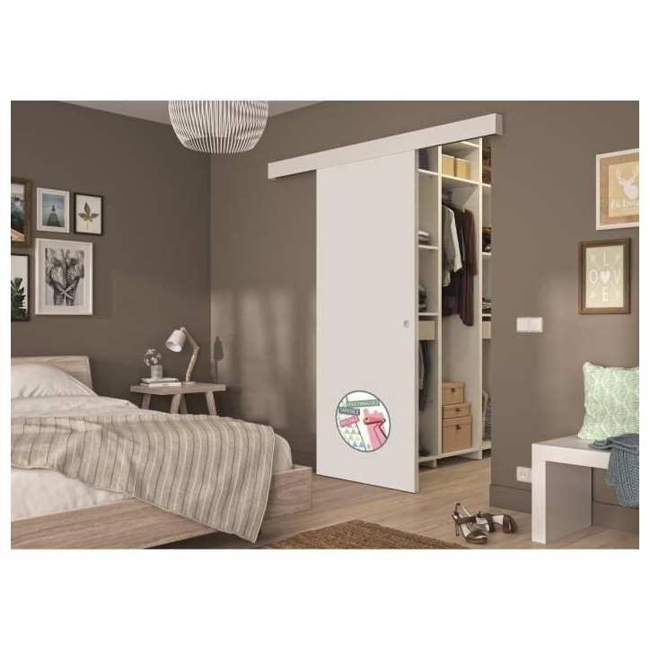 OPTIMUM - Kit porte coulissante + rail + bandeau pret a peindre - H.204xL.83xP.4 cm - Blanc