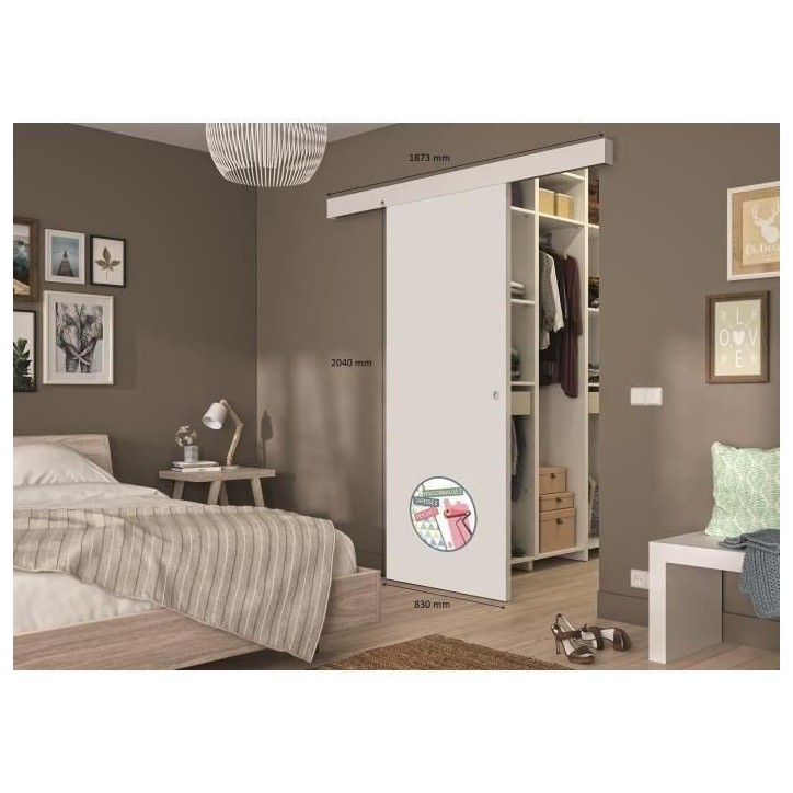 OPTIMUM - Kit porte coulissante + rail + bandeau pret a peindre - H.204xL.83xP.4 cm - Blanc