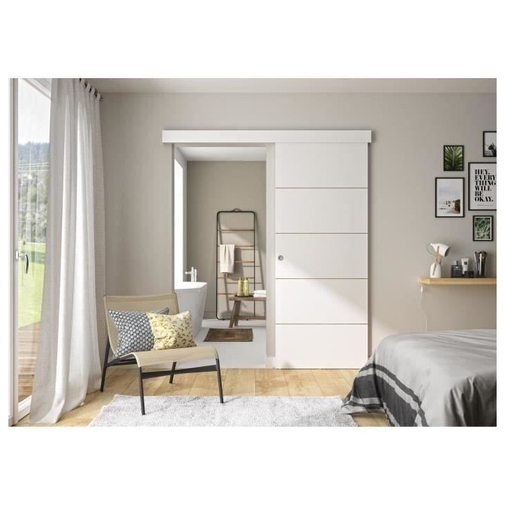 OPTIMUM - Kit porte coulissante + rail + bandeau Atelier - H.204xL.83xP.4 cm - Blanche lignée OPTIMUM - Kit porte coulissante + rail + bandeau Atelier - H.204xL.83xP.4 cm - Blanche lignée