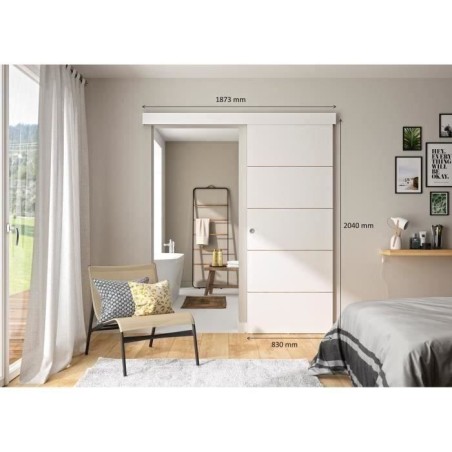 OPTIMUM - Kit porte coulissante + rail + bandeau Atelier - H.204xL.83xP.4 cm - Blanche lignée