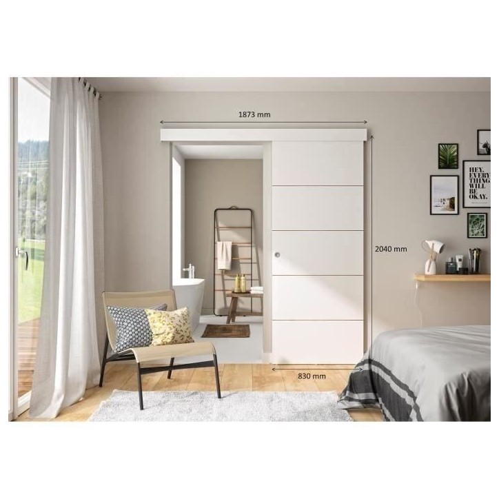 OPTIMUM - Kit porte coulissante + rail + bandeau Atelier - H.204xL.83xP.4 cm - Blanche lignée OPTIMUM - Kit porte coulissante + rail + bandeau Atelier - H.204xL.83xP.4 cm - Blanche lignée