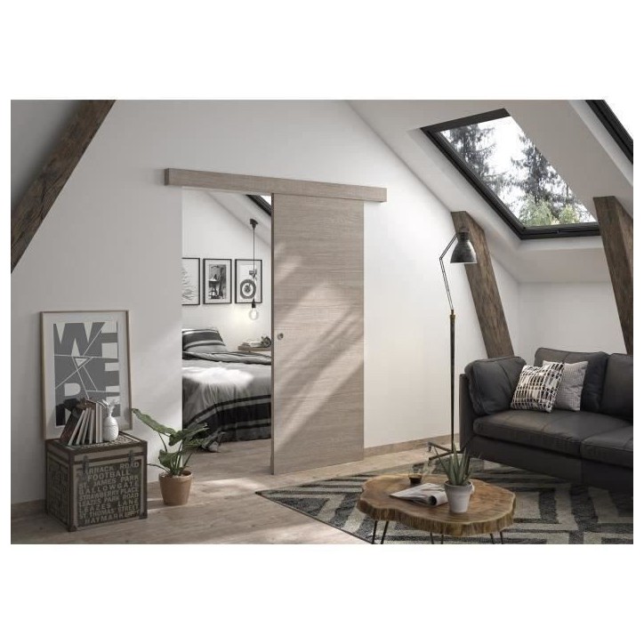 OPTIMUM - Kit porte coulissante + rail + bandeau Vérone - H.204xL.83xP.4 cm - Chene taupe