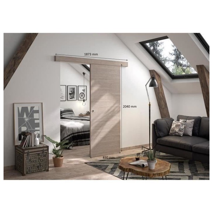 OPTIMUM - Kit porte coulissante + rail + bandeau Vérone - H.204xL.83xP.4 cm - Chene taupe