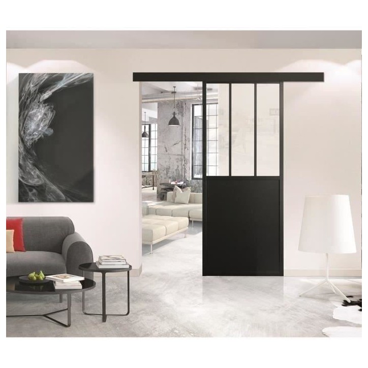 OPTIMUM - Kit porte coulissante + rail + bandeau Atelier - H.204xL.83xP.4 cm - Noir verre transparent
