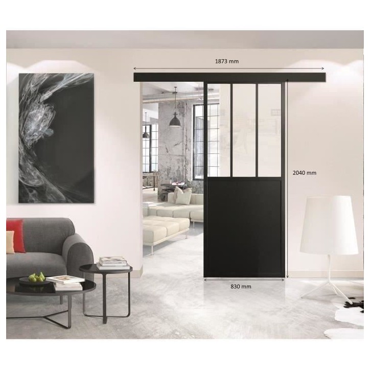 OPTIMUM - Kit porte coulissante + rail + bandeau Atelier - H.204xL.83xP.4 cm - Noir verre transparent
