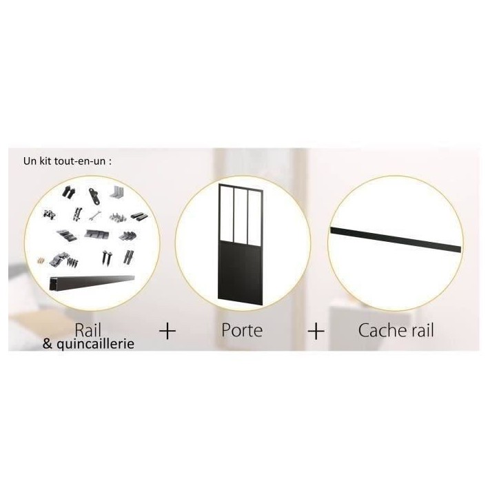 OPTIMUM - Kit porte coulissante + rail + bandeau Atelier - H.204xL.83xP.4 cm - Noir verre transparent