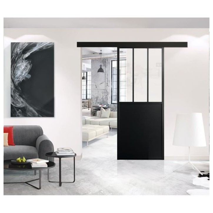 OPTIMUM - Kit porte coulissante + rail + bandeau Atelier - H 204 x L 73 x P 4 cm - Noir verre transparent