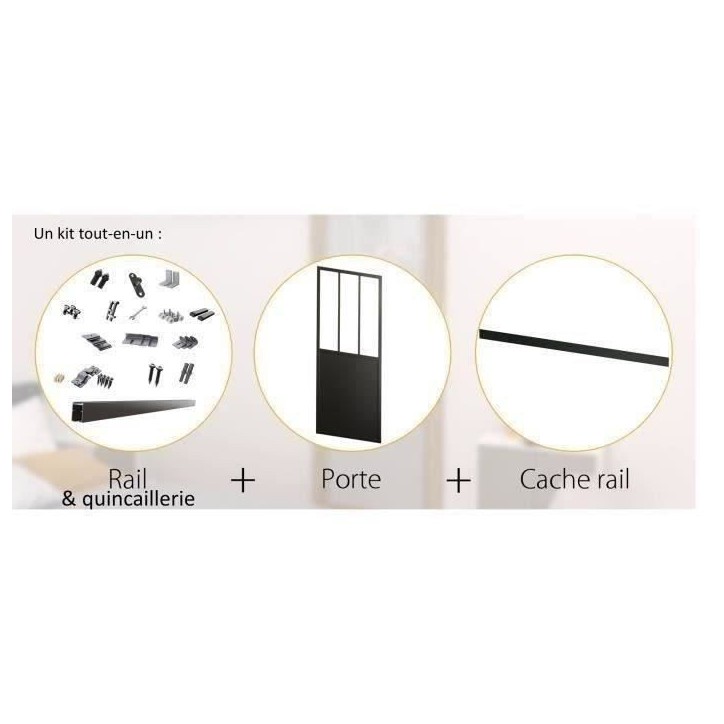 OPTIMUM - Kit porte coulissante + rail + bandeau Atelier - H 204 x L 93 x P 4 cm - Noir verre transparent