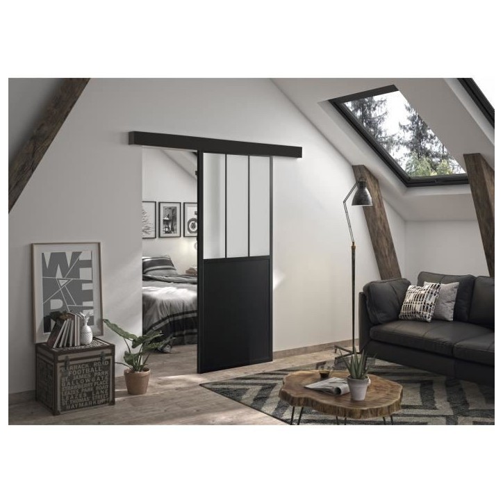 OPTIMUM Kit porte coulissante ATELIER noir + rail 2 amortisseurs + cache rail - 204 x 73 cm - verre dépoli OPTIMUM Kit porte coulissante ATELIER noir + rail 2 amortisseurs + cache rail - 204 x 73 cm - verre dépoli