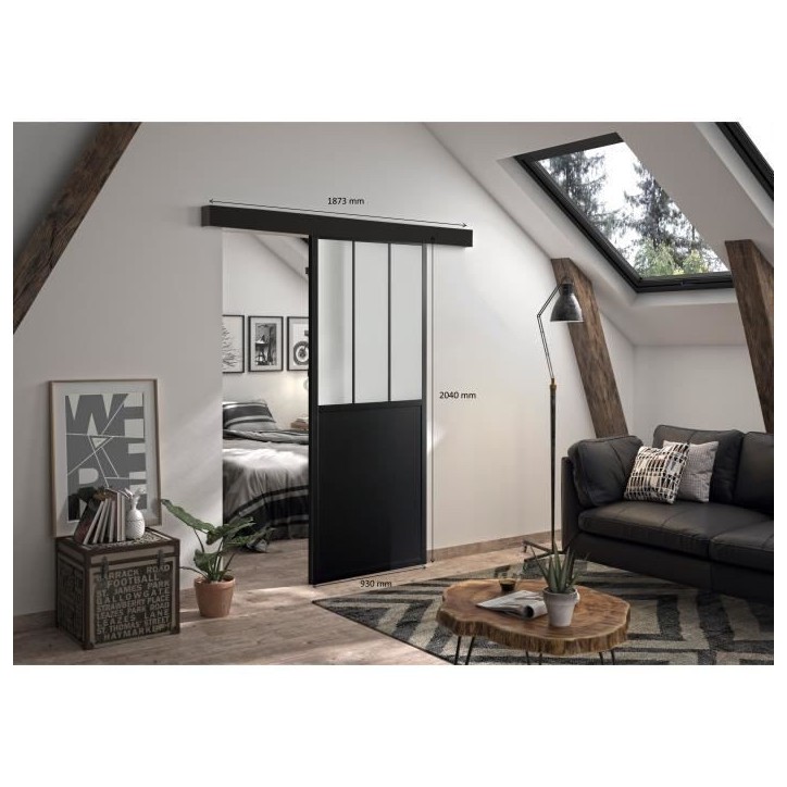 OPTIMUM - Kit porte coulissante + rail + bandeau Atelier - H 204 x L 93 x P 4 cm - Noir verre dépoli OPTIMUM - Kit porte coulissante + rail + bandeau Atelier - H 204 x L 93 x P 4 cm - Noir verre dépoli
