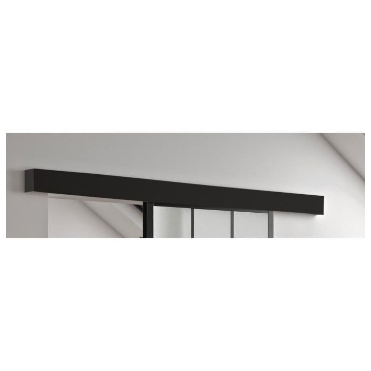 OPTIMUM - Kit porte coulissante + rail + bandeau Atelier - H 204 x L 93 x P 4 cm - Noir verre dépoli OPTIMUM - Kit porte coulissante + rail + bandeau Atelier - H 204 x L 93 x P 4 cm - Noir verre dépoli