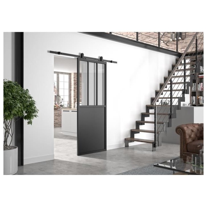 OPTIMUM Kit porte coulissante ATELIER noir + rail apparent - 204 x 83 cm - verre transparent OPTIMUM Kit porte coulissante ATELIER noir + rail apparent - 204 x 83 cm - verre transparent