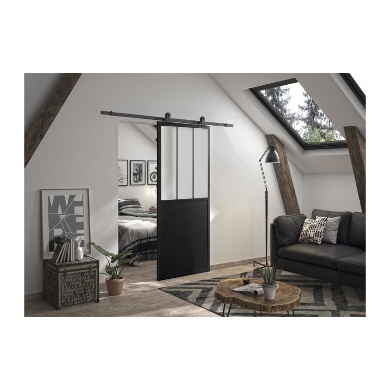 OPTIMUM Kit porte coulissante ATELIER noir + rail apparent - 204 x 83