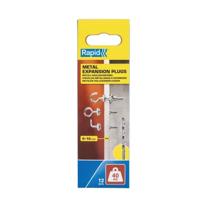 Chevilles a expansion métal pour cloison plâtre - RAPID - Ø11 - 6-16mm - Lot de 12 vis crochet mural - Charge max 40 kg - 500 Chevilles a expansion métal pour cloison plâtre - RAPID - Ø11 - 6-16mm - Lot de 12 vis crochet mural - Charge max 40 kg - 500