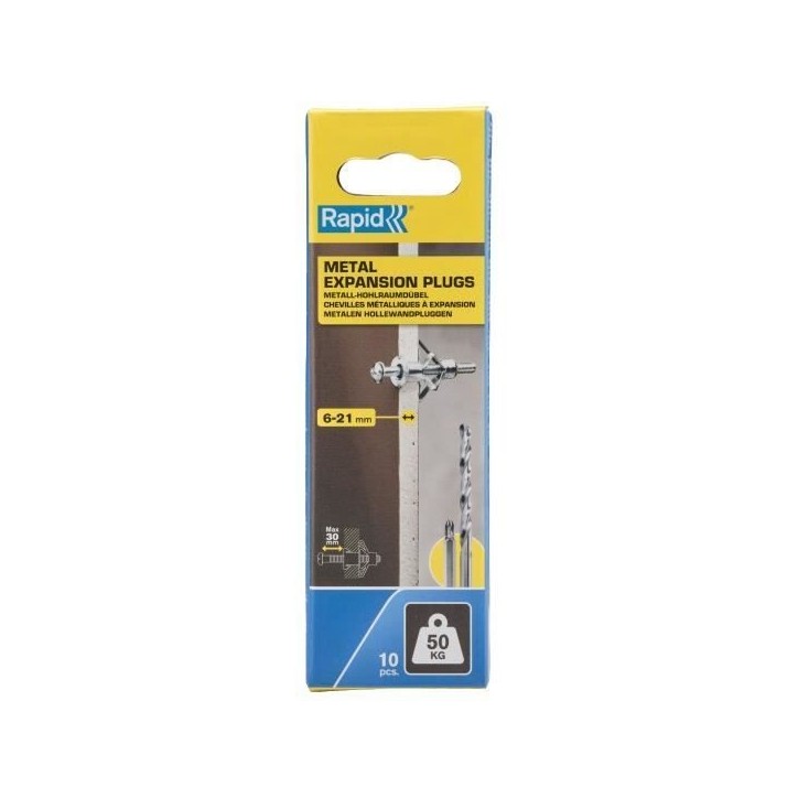 Chevilles a expansion métal pour cloison plâtre - RAPID - Ø13 - 6-21mm - Lot de 10 - Charge max 50 kg - 5001553