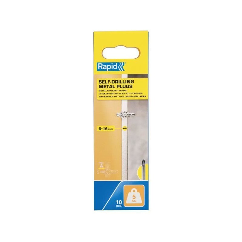Chevilles autoforeuses métal pour cloison plâtre - RAPID - Ø13 - 6- Chevilles autoforeuses métal pour cloison plâtre - RAPID - Ø13 - 6-