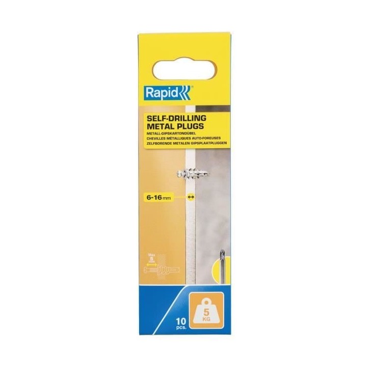 Chevilles autoforeuses métal pour cloison plâtre - RAPID - Ø13 - 6-16mm - Lot de 10 - Charge max 5 kg - Sans perçage - 50015 Chevilles autoforeuses métal pour cloison plâtre - RAPID - Ø13 - 6-16mm - Lot de 10 - Charge max 5 kg - Sans perçage - 50015