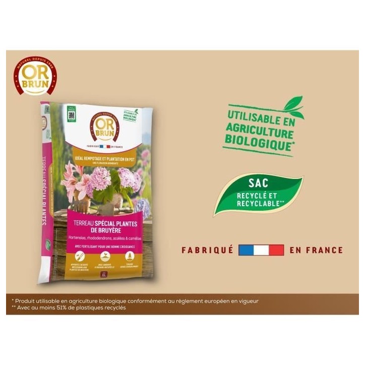 Terreau spécial plantes de bruyere - OR BRUN - OBRTBRU6U - 6L - Meilleur enracinement Terreau spécial plantes de bruyere - OR BRUN - OBRTBRU6U - 6L - Meilleur enracinement