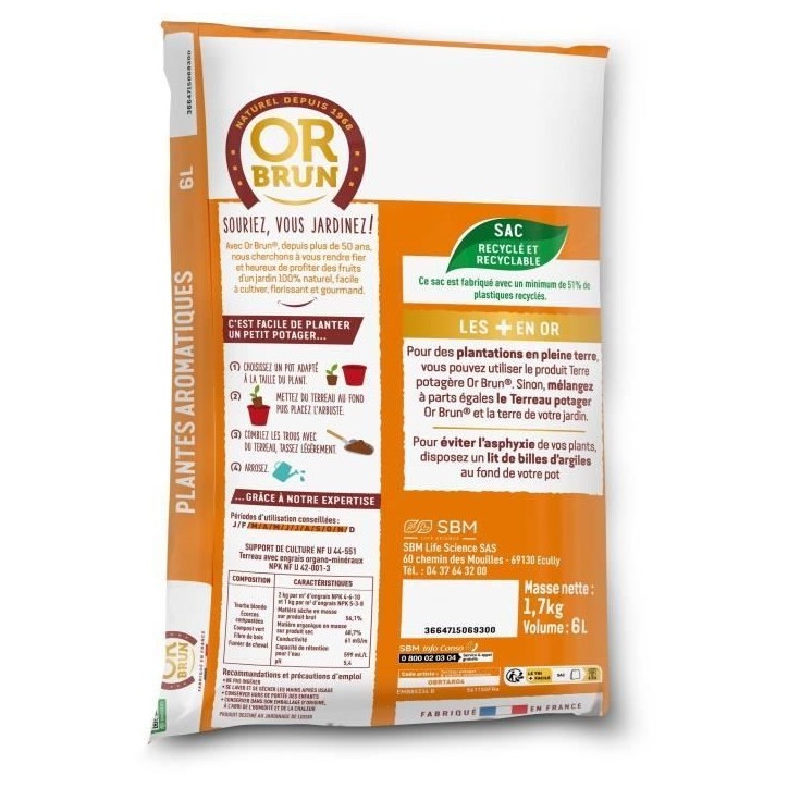 Terreau potager & Plantes aromatiques - OR BRUN - OBRTARO6U - 6L - Croissance rapide