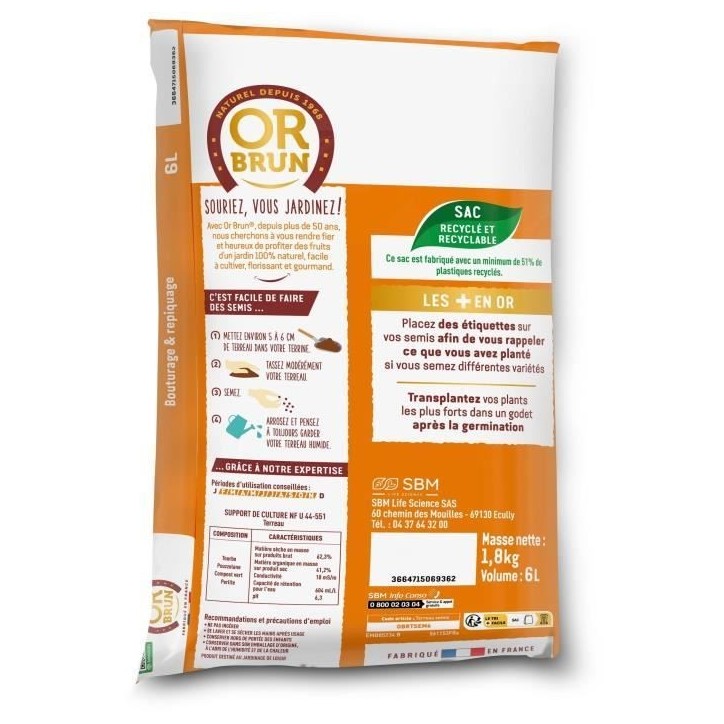 Terreau Semis - OR BRUN - OBRTSEM6U - 6L - Améliore le Drainage - Rétention d'Eau Optimale Terreau Semis - OR BRUN - OBRTSEM6U - 6L - Améliore le Drainage - Rétention d'Eau Optimale