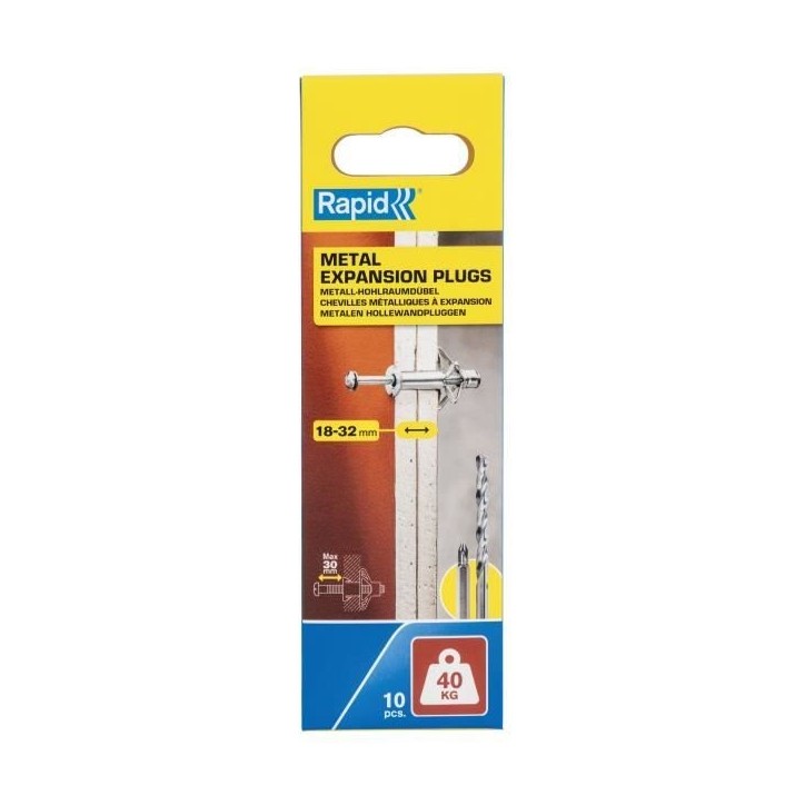 Chevilles a expansion métal pour cloison plâtre - RAPID - Ø11 - 18-32mm - Lot de 10 - Charge max 40 kg - 5001551