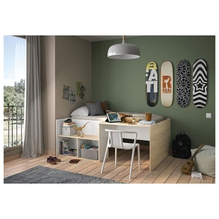 Lit combiné enfant OSCAR - 90 x 190 cm - Chene clair / Blanc - Diagone
