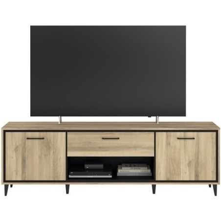 Meuble TV 2 portes et 1 tiroir - OSTARA - Chene / Noir - 179,9 x 39,8