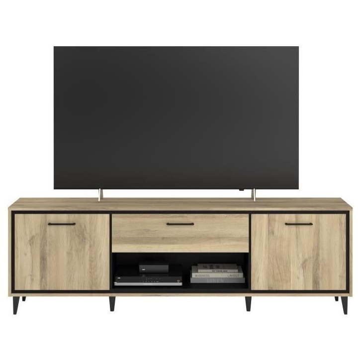 Meuble TV 2 portes et 1 tiroir - OSTARA - Chene / Noir - 179,9 x 39,8 x 56,9 cm - PARISOT Meuble TV 2 portes et 1 tiroir - OSTARA - Chene / Noir - 179,9 x 39,8 x 56,9 cm - PARISOT