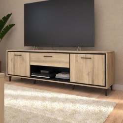 Meuble TV 2 portes et 1 tiroir - OSTARA - Chene / Noir - 179,9 x 39,8