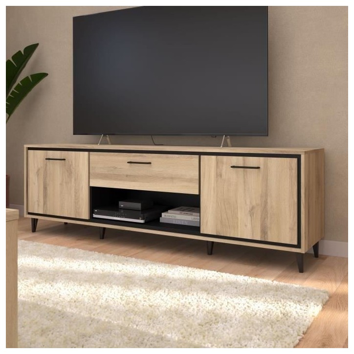 Meuble TV 2 portes et 1 tiroir - OSTARA - Chene / Noir - 179,9 x 39,8 x 56,9 cm - PARISOT Meuble TV 2 portes et 1 tiroir - OSTARA - Chene / Noir - 179,9 x 39,8 x 56,9 cm - PARISOT